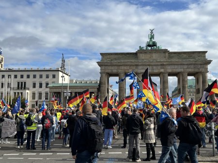 Rund 200 Menschen stehen mit vielen Deutschlandfahnen vor dem Brandenburger Tor