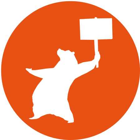 orangener Kreis mit einer wei&szlig;en Silhuette des "Berlin gegen Nazis" B&auml;ren mit einem Schild in der Hand