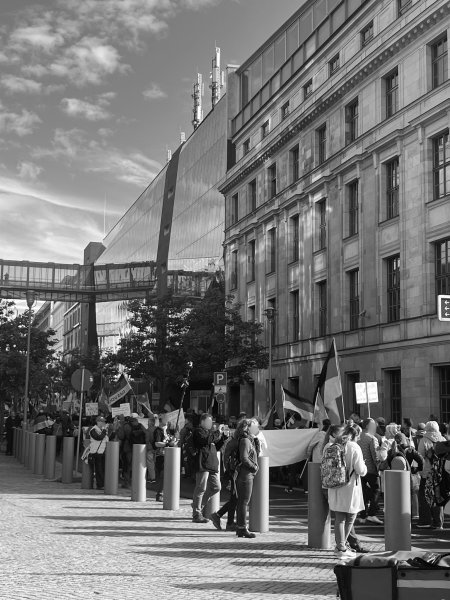 viele Menschen, die mit Deutschlandfahnen durch das Regierungsviertel in Berlin laufen