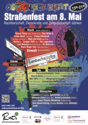 Plakat des Straßenfests von Ostkreuz bleibt bunt am 8. Mai mit Programminhalten und Logos der Förderer.