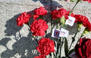 Rote Blumen am Fuße des Sowjetischen Ehrenmals. Um die Blumen sind teilweise Zettel mit der Aufschrift 8. Mai und VVN-BdA gewickelt.