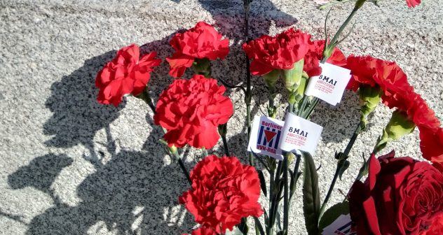 Rote Blumen am Fuße des Sowjetischen Ehrenmals. Um die Blumen sind teilweise Zettel mit der Aufschrift 8. Mai und VVN-BdA gewickelt.