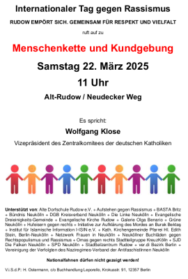 Flyer der Menschenkette und Kundgebung am 22. März um 11:00 Uhr an der Ecke Alt-Rudow / Neudecker Weg.